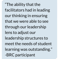 Image with quote that says, “The ability that the facilitators had in leading our thinking in ensuring that we were able to see through our leadership lens to adjust our leadership structures to meet the needs of student learning was outstanding.” -BRC participant